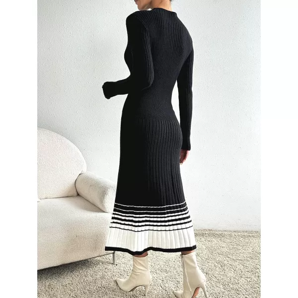 imagechouyatou Womens Color Block Striped Hem Long Sleeve Sweater Dress Pleated ALine Swing Ribbed Knit Long DressBlack