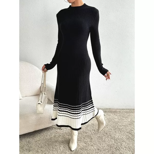 imagechouyatou Womens Color Block Striped Hem Long Sleeve Sweater Dress Pleated ALine Swing Ribbed Knit Long DressBlack
