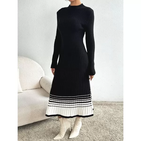 imagechouyatou Womens Color Block Striped Hem Long Sleeve Sweater Dress Pleated ALine Swing Ribbed Knit Long DressBlack