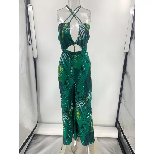 imagechouyatou Womens Cut Out Jumpsuit Tropical Palm Print Spaghetti Strap Wide Leg Boho Romper OverallsGreen