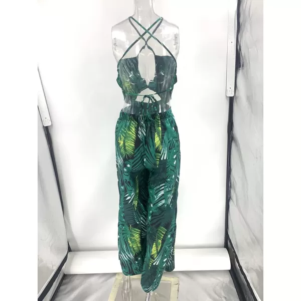 imagechouyatou Womens Cut Out Jumpsuit Tropical Palm Print Spaghetti Strap Wide Leg Boho Romper OverallsGreen