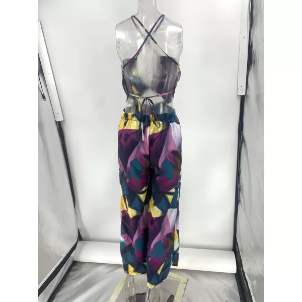 imagechouyatou Womens Cut Out Jumpsuit Tropical Palm Print Spaghetti Strap Wide Leg Boho Romper OverallsPurple