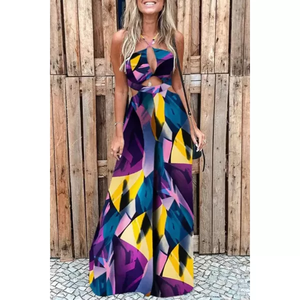 imagechouyatou Womens Cut Out Jumpsuit Tropical Palm Print Spaghetti Strap Wide Leg Boho Romper OverallsPurple