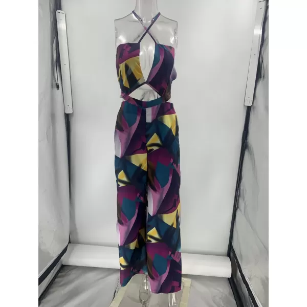 imagechouyatou Womens Cut Out Jumpsuit Tropical Palm Print Spaghetti Strap Wide Leg Boho Romper OverallsPurple
