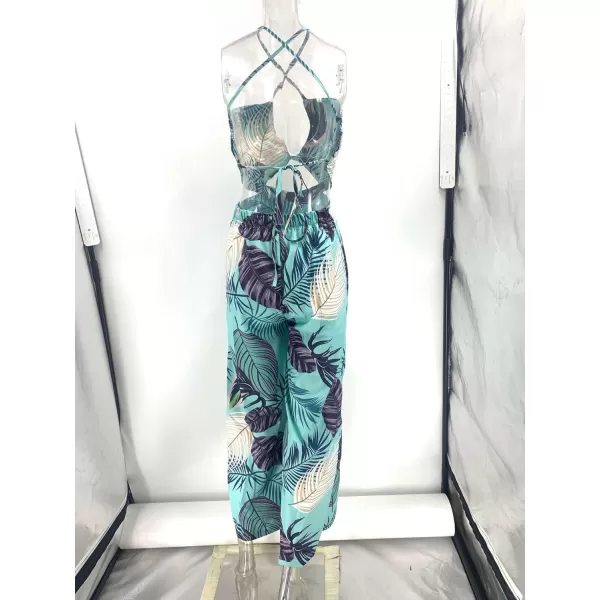imagechouyatou Womens Cut Out Jumpsuit Tropical Palm Print Spaghetti Strap Wide Leg Boho Romper OverallsSky Blue