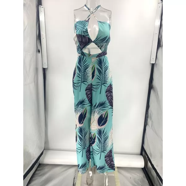 imagechouyatou Womens Cut Out Jumpsuit Tropical Palm Print Spaghetti Strap Wide Leg Boho Romper OverallsSky Blue