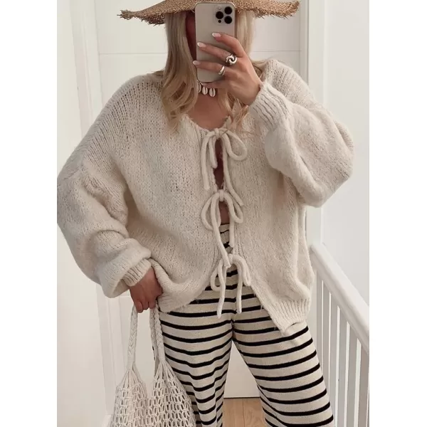 imagechouyatou Womens Cute Bow Knot Cardigan Fall Casual Oversized Ribbed Knit Sweater Cardigan TopsApricot