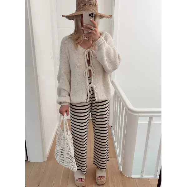 imagechouyatou Womens Cute Bow Knot Cardigan Fall Casual Oversized Ribbed Knit Sweater Cardigan TopsApricot