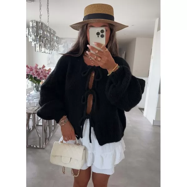 imagechouyatou Womens Cute Bow Knot Cardigan Fall Casual Oversized Ribbed Knit Sweater Cardigan TopsBlack
