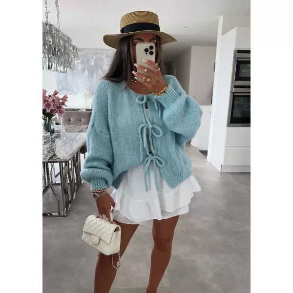 imagechouyatou Womens Cute Bow Knot Cardigan Fall Casual Oversized Ribbed Knit Sweater Cardigan TopsBlue
