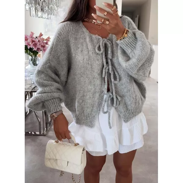 imagechouyatou Womens Cute Bow Knot Cardigan Fall Casual Oversized Ribbed Knit Sweater Cardigan TopsGrey