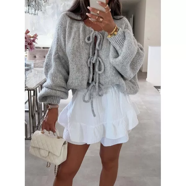 imagechouyatou Womens Cute Bow Knot Cardigan Fall Casual Oversized Ribbed Knit Sweater Cardigan TopsGrey