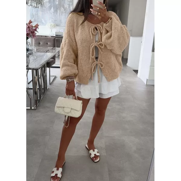 imagechouyatou Womens Cute Bow Knot Cardigan Fall Casual Oversized Ribbed Knit Sweater Cardigan TopsKhaki