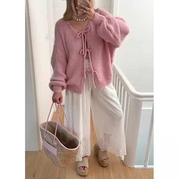 imagechouyatou Womens Cute Bow Knot Cardigan Fall Casual Oversized Ribbed Knit Sweater Cardigan TopsPink