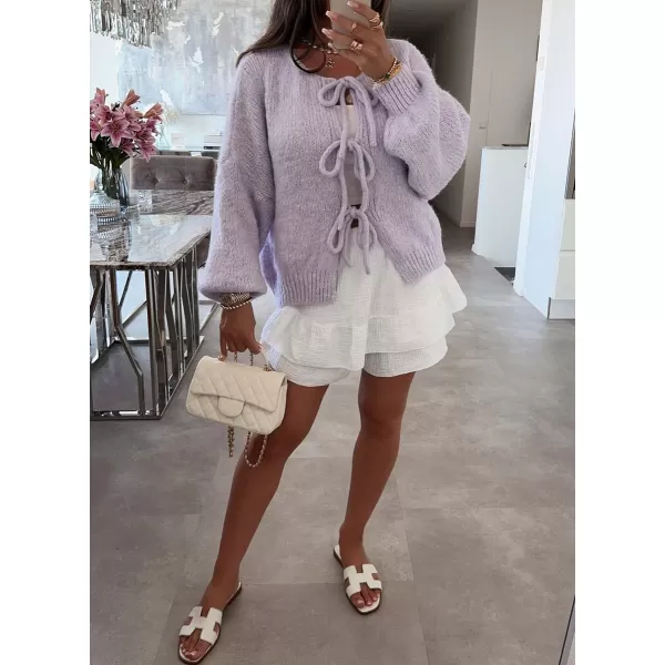 imagechouyatou Womens Cute Bow Knot Cardigan Fall Casual Oversized Ribbed Knit Sweater Cardigan TopsPurple
