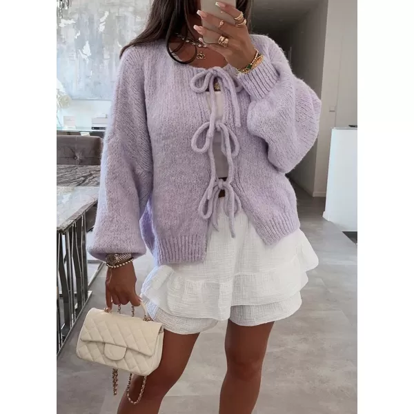imagechouyatou Womens Cute Bow Knot Cardigan Fall Casual Oversized Ribbed Knit Sweater Cardigan TopsPurple