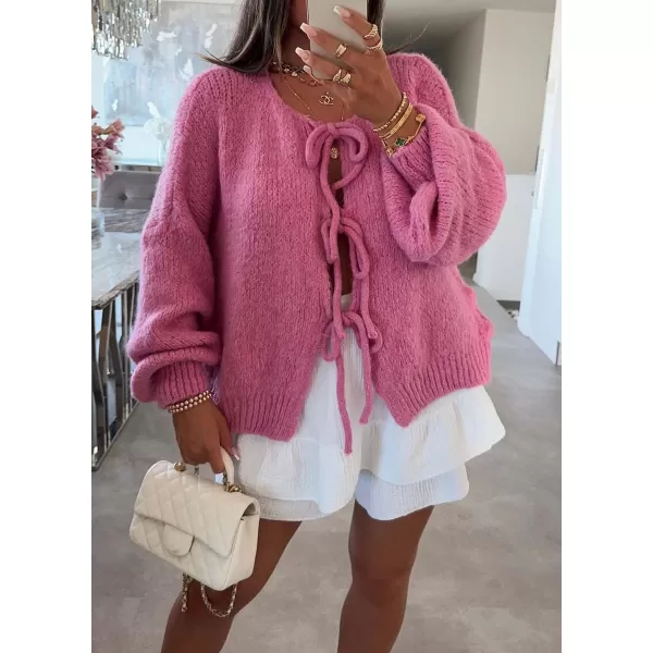 imagechouyatou Womens Cute Bow Knot Cardigan Fall Casual Oversized Ribbed Knit Sweater Cardigan TopsRose Pink