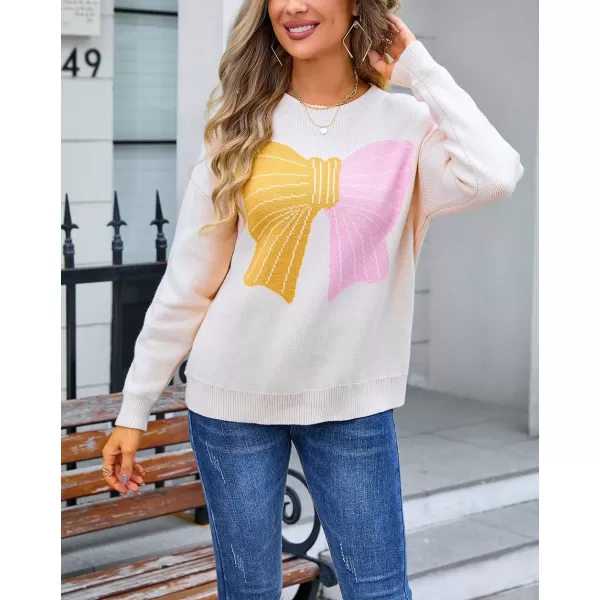 imagechouyatou Womens Cute Bow Printed Pullover Sweater Color Block Long Sleeve Knit Jumper TopsApricot