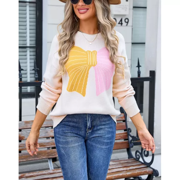 imagechouyatou Womens Cute Bow Printed Pullover Sweater Color Block Long Sleeve Knit Jumper TopsApricot
