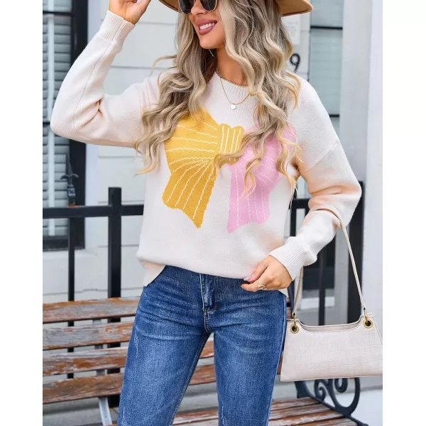 imagechouyatou Womens Cute Bow Printed Pullover Sweater Color Block Long Sleeve Knit Jumper TopsApricot