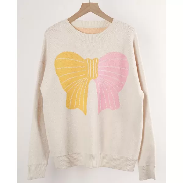 imagechouyatou Womens Cute Bow Printed Pullover Sweater Color Block Long Sleeve Knit Jumper TopsApricot