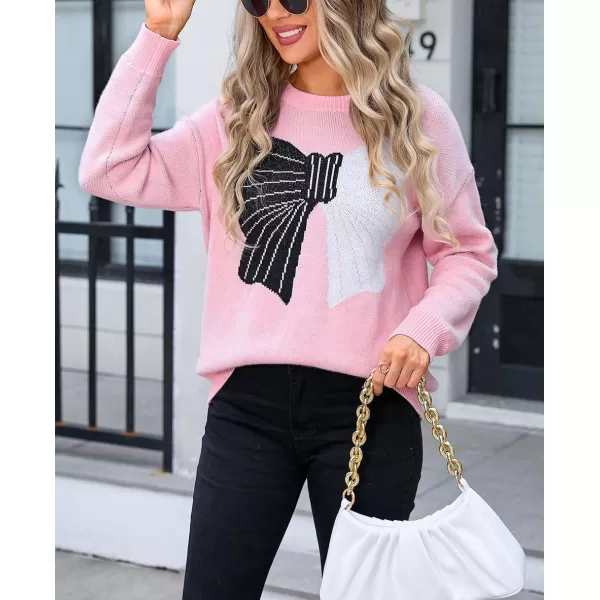 imagechouyatou Womens Cute Bow Printed Pullover Sweater Color Block Long Sleeve Knit Jumper TopsPink