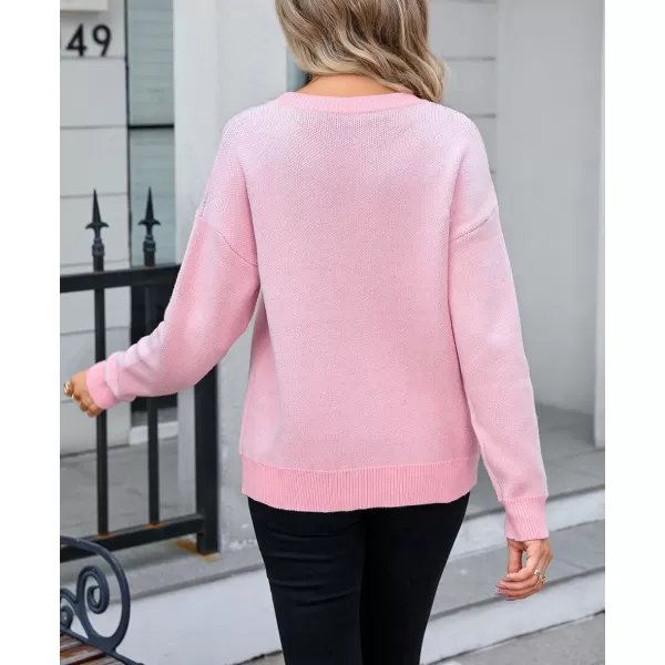 imagechouyatou Womens Cute Bow Printed Pullover Sweater Color Block Long Sleeve Knit Jumper TopsPink