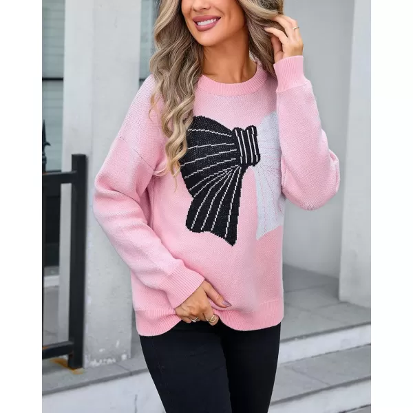 imagechouyatou Womens Cute Bow Printed Pullover Sweater Color Block Long Sleeve Knit Jumper TopsPink