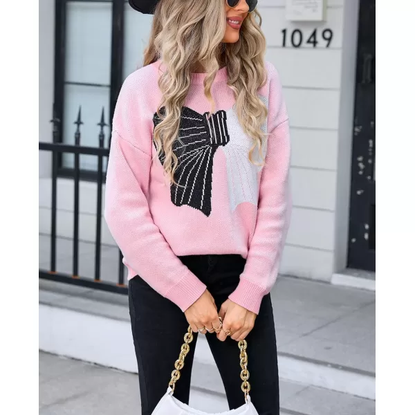 imagechouyatou Womens Cute Bow Printed Pullover Sweater Color Block Long Sleeve Knit Jumper TopsPink