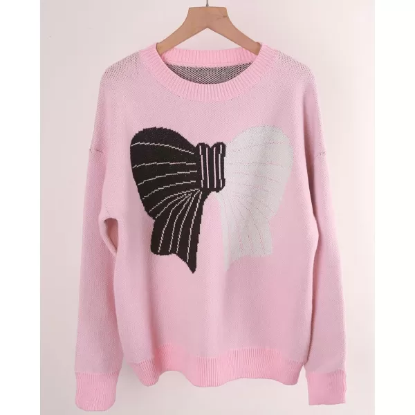 imagechouyatou Womens Cute Bow Printed Pullover Sweater Color Block Long Sleeve Knit Jumper TopsPink
