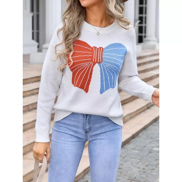 imagechouyatou Womens Cute Bow Printed Pullover Sweater Color Block Long Sleeve Knit Jumper TopsWhite