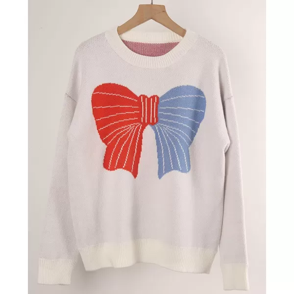 imagechouyatou Womens Cute Bow Printed Pullover Sweater Color Block Long Sleeve Knit Jumper TopsWhite