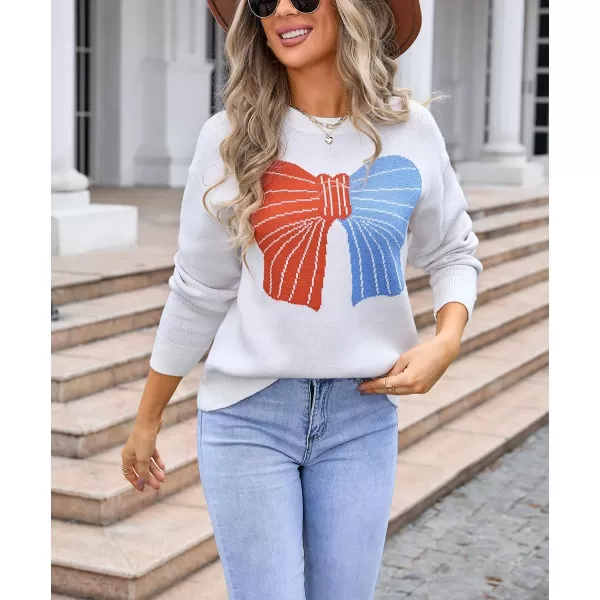 imagechouyatou Womens Cute Bow Printed Pullover Sweater Color Block Long Sleeve Knit Jumper TopsWhite