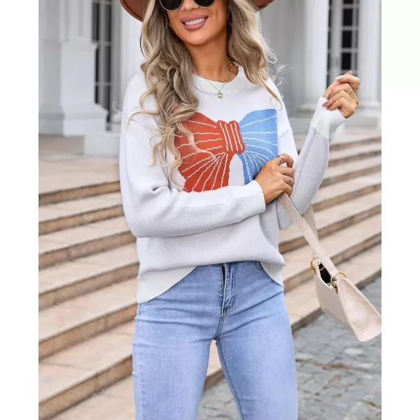imagechouyatou Womens Cute Bow Printed Pullover Sweater Color Block Long Sleeve Knit Jumper TopsWhite