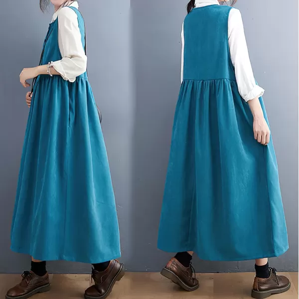 imagechouyatou Womens Cute Sleeveless Corduroy Overall Dress Jumper Midi Babydoll Tank Dress with PocketsBlue