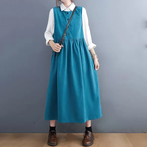 imagechouyatou Womens Cute Sleeveless Corduroy Overall Dress Jumper Midi Babydoll Tank Dress with PocketsBlue