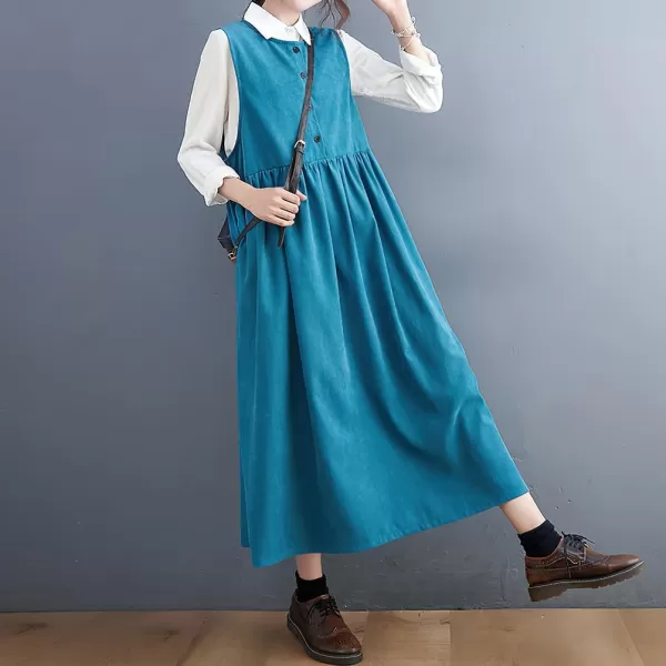 imagechouyatou Womens Cute Sleeveless Corduroy Overall Dress Jumper Midi Babydoll Tank Dress with PocketsBlue