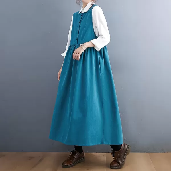 imagechouyatou Womens Cute Sleeveless Corduroy Overall Dress Jumper Midi Babydoll Tank Dress with PocketsBlue
