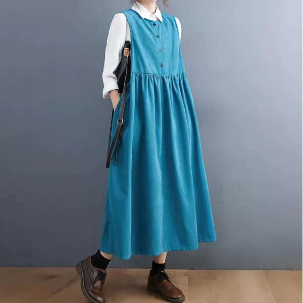 imagechouyatou Womens Cute Sleeveless Corduroy Overall Dress Jumper Midi Babydoll Tank Dress with PocketsBlue