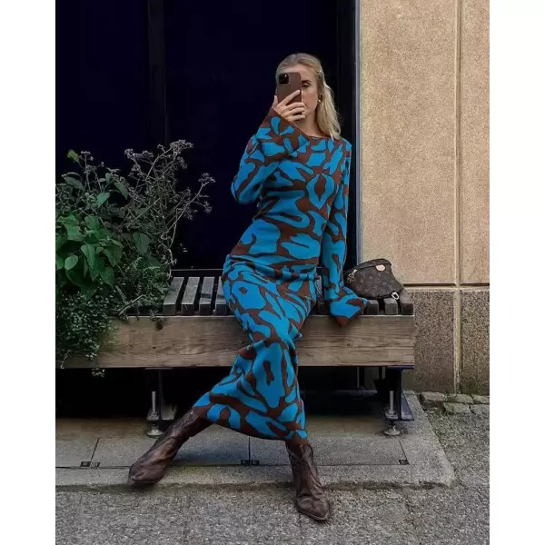 imagechouyatou Womens Elegant Long Sleeve Sweater Maxi Dress Sexy Stretchy Bodycon Striped Pullover Knit Sweater DressBlue Striped