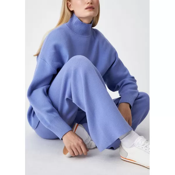 imagechouyatou Womens Fall 2 Piece Outfits Knit Sweater Sets Mock Neck Sweater High Waist Pants Lounge SetsBlue