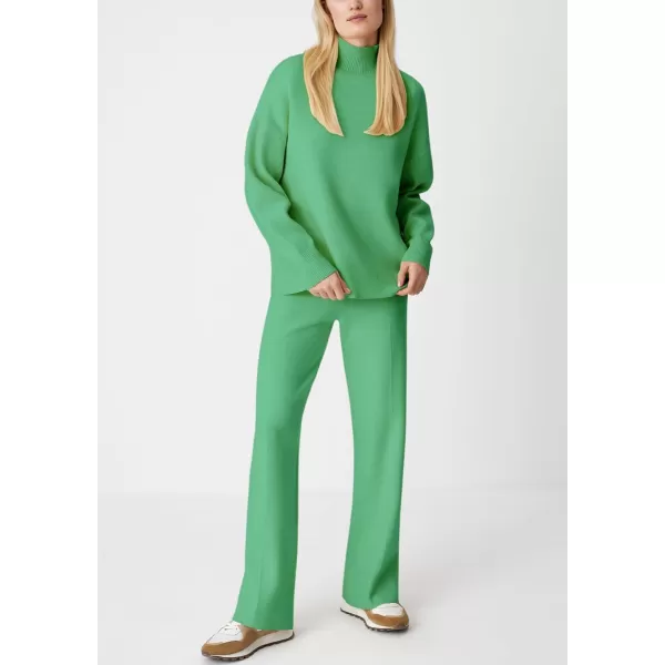 imagechouyatou Womens Fall 2 Piece Outfits Knit Sweater Sets Mock Neck Sweater High Waist Pants Lounge SetsGreen