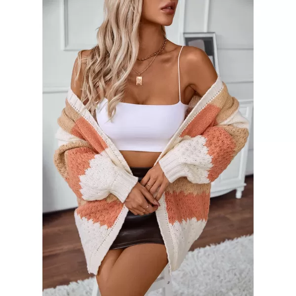 imagechouyatou Womens Fall 2024 Knitwear Color Block Open Front Cardigan Casual Loose Ribbed Knit Sweater CardiganOrange