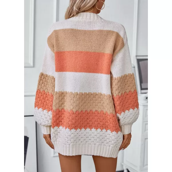 imagechouyatou Womens Fall 2024 Knitwear Color Block Open Front Cardigan Casual Loose Ribbed Knit Sweater CardiganOrange