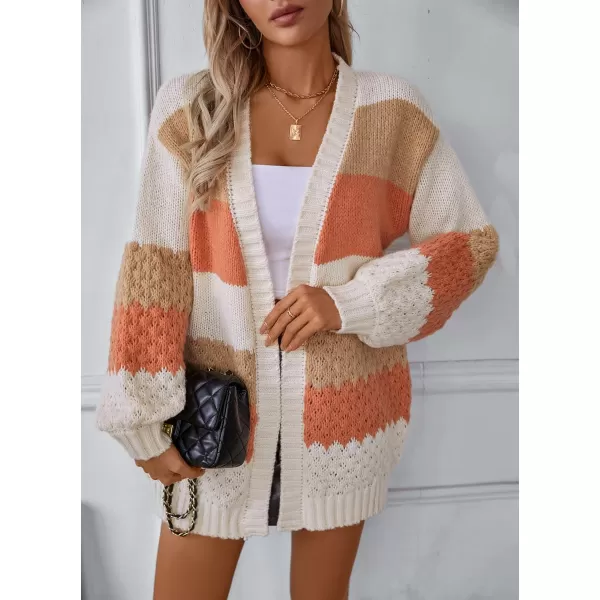 imagechouyatou Womens Fall 2024 Knitwear Color Block Open Front Cardigan Casual Loose Ribbed Knit Sweater CardiganOrange