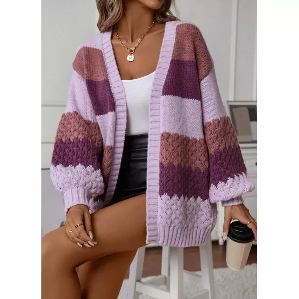 imagechouyatou Womens Fall 2024 Knitwear Color Block Open Front Cardigan Casual Loose Ribbed Knit Sweater CardiganPurple