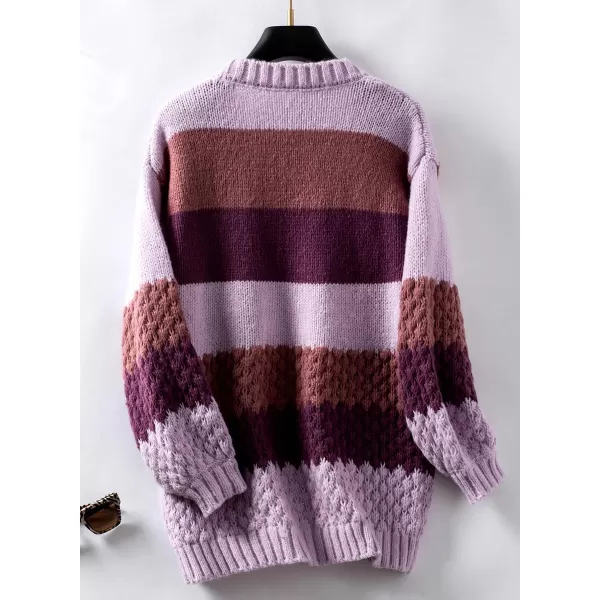 imagechouyatou Womens Fall 2024 Knitwear Color Block Open Front Cardigan Casual Loose Ribbed Knit Sweater CardiganPurple