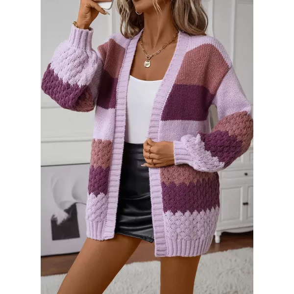 imagechouyatou Womens Fall 2024 Knitwear Color Block Open Front Cardigan Casual Loose Ribbed Knit Sweater CardiganPurple