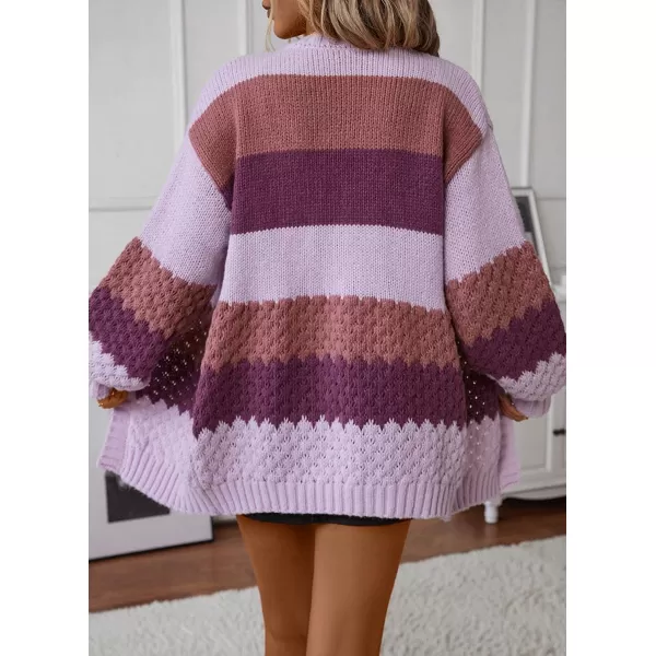 imagechouyatou Womens Fall 2024 Knitwear Color Block Open Front Cardigan Casual Loose Ribbed Knit Sweater CardiganPurple