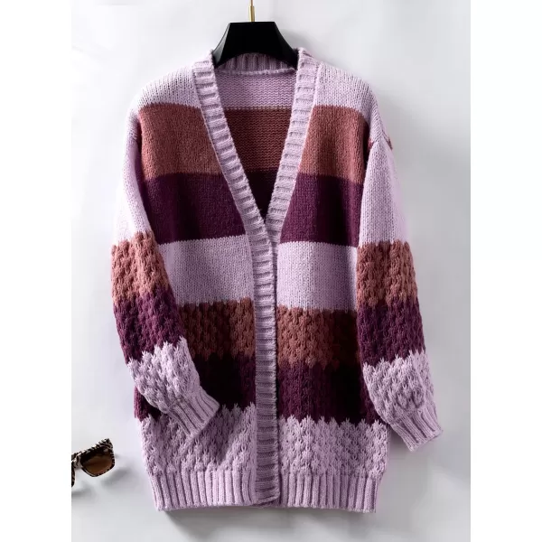 imagechouyatou Womens Fall 2024 Knitwear Color Block Open Front Cardigan Casual Loose Ribbed Knit Sweater CardiganPurple